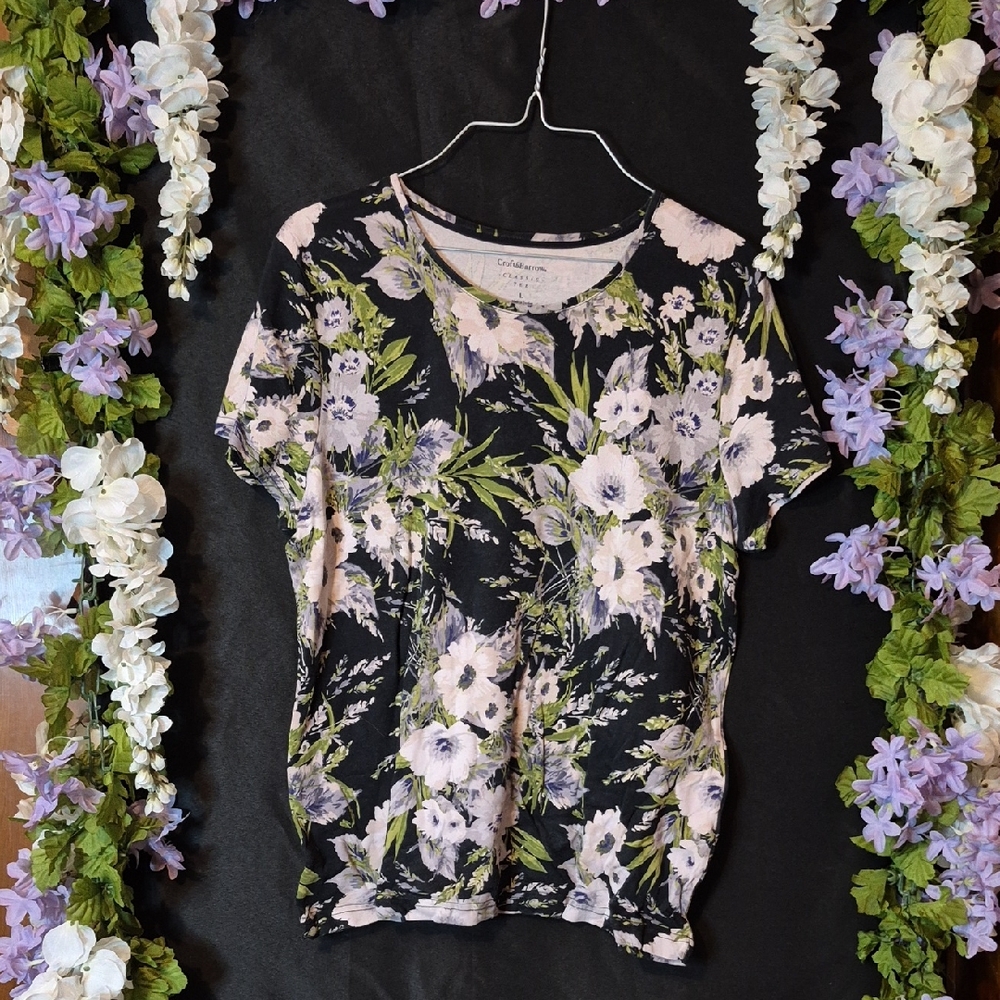 croft & barrow Black Floral Short Sleeve Tee with Pink and Green Accents